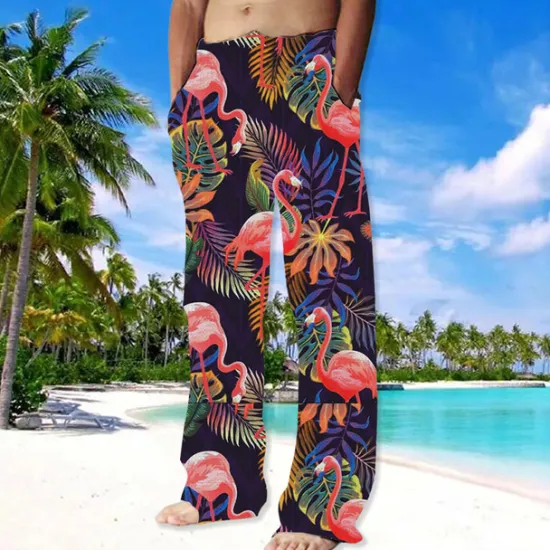 Online OUKU Men's Trousers Summer Pants Beach Pants Drawstring Elastic Waist Straight Leg Animal Flamingo Graphic Prints Comfort Casual Daily Holiday Streetwear Hawaiian Pink Red