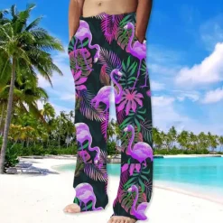 Online OUKU Men's Trousers Summer Pants Beach Pants Drawstring Elastic Waist Straight Leg Animal Flamingo Graphic Prints Comfort Casual Daily Holiday Streetwear Hawaiian Pink Red