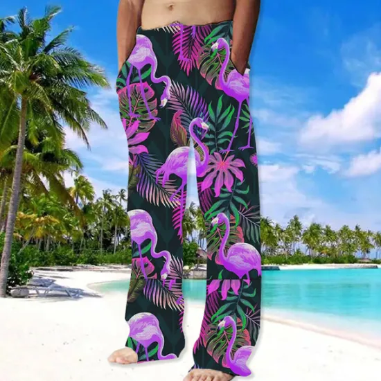 Online OUKU Men's Trousers Summer Pants Beach Pants Drawstring Elastic Waist Straight Leg Animal Flamingo Graphic Prints Comfort Casual Daily Holiday Streetwear Hawaiian Pink Red