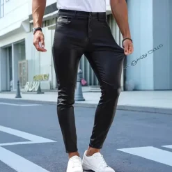 Outlet OUKU Men's Trousers Summer Pants Faux Leather Shorts Pocket Plain Comfort Breathable Vacation Streetwear Stylish Athleisure Black