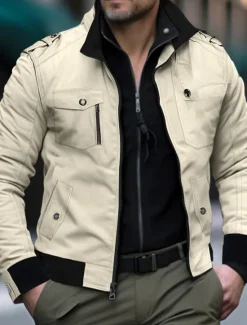 New OUKU Men's Trucker Jacket Bomber Jacket Utility Jacket Transition Jacket Outdoor Daily Wear Wearable Pocket Spring & Fall Plain Fashion Streetwear Standing Collar Short Black Red Blue Khaki Army Green