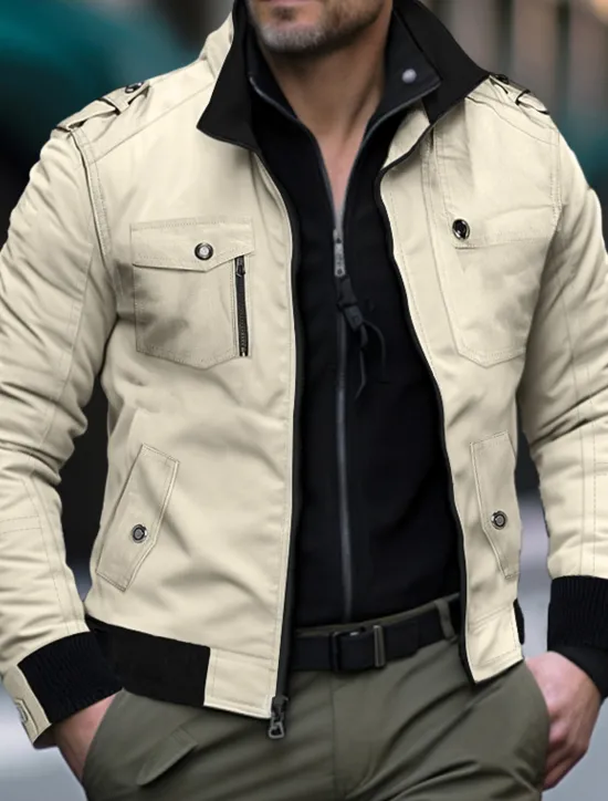 New OUKU Men's Trucker Jacket Bomber Jacket Utility Jacket Transition Jacket Outdoor Daily Wear Wearable Pocket Spring & Fall Plain Fashion Streetwear Standing Collar Short Black Red Blue Khaki Army Green
