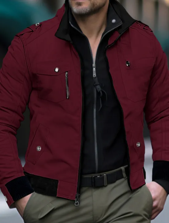 New OUKU Men's Trucker Jacket Bomber Jacket Utility Jacket Transition Jacket Outdoor Daily Wear Wearable Pocket Spring & Fall Plain Fashion Streetwear Standing Collar Short Black Red Blue Khaki Army Green
