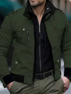 New OUKU Men's Trucker Jacket Bomber Jacket Utility Jacket Transition Jacket Outdoor Daily Wear Wearable Pocket Spring & Fall Plain Fashion Streetwear Standing Collar Short Black Red Blue Khaki Army Green