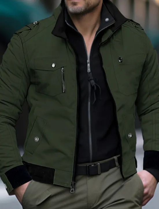 New OUKU Men's Trucker Jacket Bomber Jacket Utility Jacket Transition Jacket Outdoor Daily Wear Wearable Pocket Spring & Fall Plain Fashion Streetwear Standing Collar Short Black Red Blue Khaki Army Green
