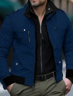 New OUKU Men's Trucker Jacket Bomber Jacket Utility Jacket Transition Jacket Outdoor Daily Wear Wearable Pocket Spring & Fall Plain Fashion Streetwear Standing Collar Short Black Red Blue Khaki Army Green