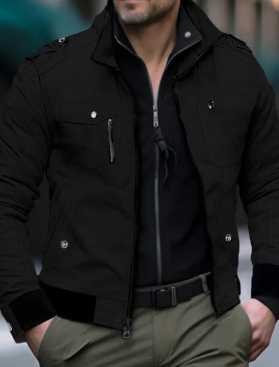 New OUKU Men's Trucker Jacket Bomber Jacket Utility Jacket Transition Jacket Outdoor Daily Wear Wearable Pocket Spring & Fall Plain Fashion Streetwear Standing Collar Short Black Red Blue Khaki Army Green