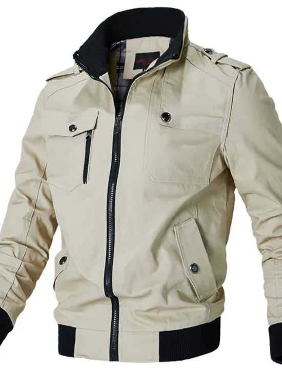 New OUKU Men's Trucker Jacket Bomber Jacket Utility Jacket Transition Jacket Outdoor Daily Wear Wearable Pocket Spring & Fall Plain Fashion Streetwear Standing Collar Short Black Red Blue Khaki Army Green