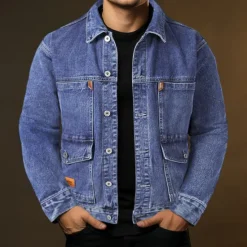 Discount OUKU Men's Trucker Jacket Denim Jacket Outdoor Daily Wear Windproof Pocket Spring & Fall Plain Fashion Streetwear Lapel Regular Denim Black Blue Gray Jacket