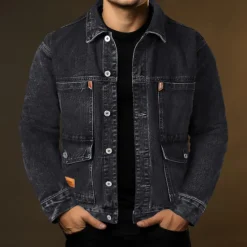 Discount OUKU Men's Trucker Jacket Denim Jacket Outdoor Daily Wear Windproof Pocket Spring & Fall Plain Fashion Streetwear Lapel Regular Denim Black Blue Gray Jacket