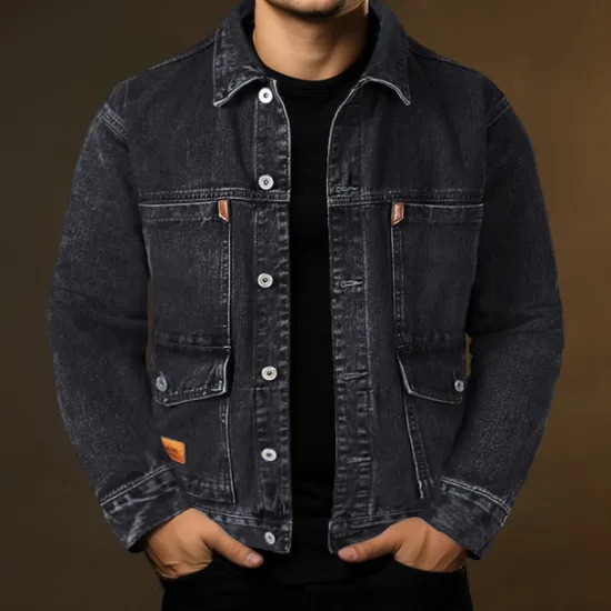 Discount OUKU Men's Trucker Jacket Denim Jacket Outdoor Daily Wear Windproof Pocket Spring & Fall Plain Fashion Streetwear Lapel Regular Denim Black Blue Gray Jacket