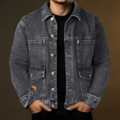 Discount OUKU Men's Trucker Jacket Denim Jacket Outdoor Daily Wear Windproof Pocket Spring & Fall Plain Fashion Streetwear Lapel Regular Denim Black Blue Gray Jacket