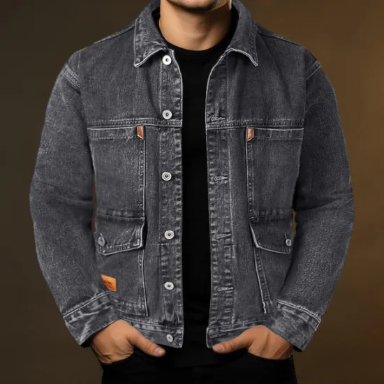 Discount OUKU Men's Trucker Jacket Denim Jacket Outdoor Daily Wear Windproof Pocket Spring & Fall Plain Fashion Streetwear Lapel Regular Denim Black Blue Gray Jacket