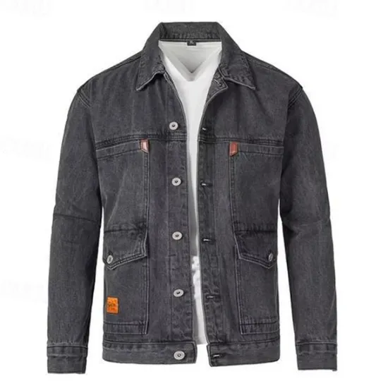 Discount OUKU Men's Trucker Jacket Denim Jacket Outdoor Daily Wear Windproof Pocket Spring & Fall Plain Fashion Streetwear Lapel Regular Denim Black Blue Gray Jacket