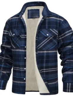 Sale OUKU Men's Trucker Jacket Shirt Jacket Casual Jacket Shacket Outdoor Daily Wear Warm Fall Winter Plaid Fashion Streetwear Lapel Regular Black Wine Blue Orange Green Jacket
