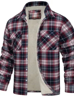 Sale OUKU Men's Trucker Jacket Shirt Jacket Casual Jacket Shacket Outdoor Daily Wear Warm Fall Winter Plaid Fashion Streetwear Lapel Regular Black Wine Blue Orange Green Jacket