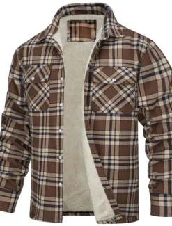 Sale OUKU Men's Trucker Jacket Shirt Jacket Casual Jacket Shacket Outdoor Daily Wear Warm Fall Winter Plaid Fashion Streetwear Lapel Regular Black Wine Blue Orange Green Jacket