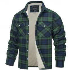 New OUKU Men's Trucker Jacket Shirt Jacket Shacket Flannel Fleece Jacket Outdoor Daily Wear Warm Buttons Pocket Fall Winter Color Block Fashion Streetwear Lapel Regular Pinky Black Navy Blue Blue Green Jacket