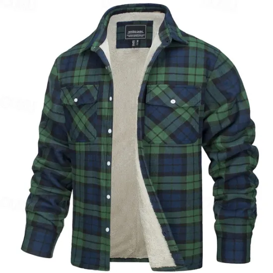 New OUKU Men's Trucker Jacket Shirt Jacket Shacket Flannel Fleece Jacket Outdoor Daily Wear Warm Buttons Pocket Fall Winter Color Block Fashion Streetwear Lapel Regular Pinky Black Navy Blue Blue Green Jacket