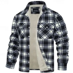 New OUKU Men's Trucker Jacket Shirt Jacket Shacket Flannel Fleece Jacket Outdoor Daily Wear Warm Buttons Pocket Fall Winter Color Block Fashion Streetwear Lapel Regular Pinky Black Navy Blue Blue Green Jacket