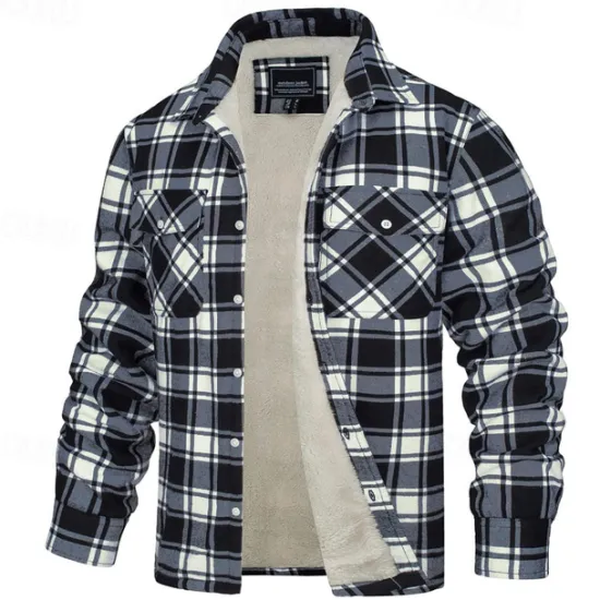 New OUKU Men's Trucker Jacket Shirt Jacket Shacket Flannel Fleece Jacket Outdoor Daily Wear Warm Buttons Pocket Fall Winter Color Block Fashion Streetwear Lapel Regular Pinky Black Navy Blue Blue Green Jacket