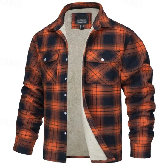 New OUKU Men's Trucker Jacket Shirt Jacket Shacket Flannel Fleece Jacket Outdoor Daily Wear Warm Buttons Pocket Fall Winter Color Block Fashion Streetwear Lapel Regular Pinky Black Navy Blue Blue Green Jacket