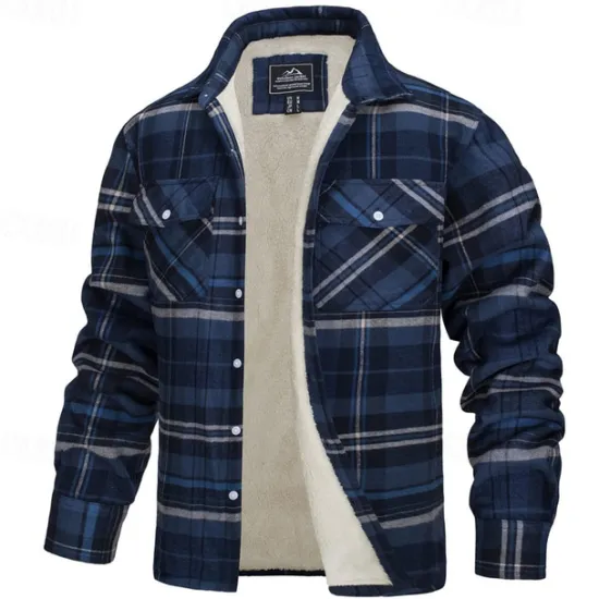 New OUKU Men's Trucker Jacket Shirt Jacket Shacket Flannel Fleece Jacket Outdoor Daily Wear Warm Buttons Pocket Fall Winter Color Block Fashion Streetwear Lapel Regular Pinky Black Navy Blue Blue Green Jacket