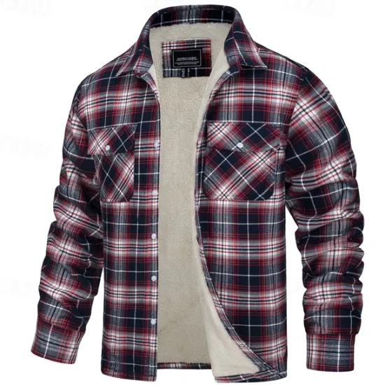 New OUKU Men's Trucker Jacket Shirt Jacket Shacket Flannel Fleece Jacket Outdoor Daily Wear Warm Buttons Pocket Fall Winter Color Block Fashion Streetwear Lapel Regular Pinky Black Navy Blue Blue Green Jacket