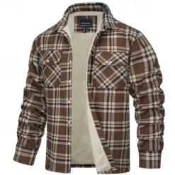 New OUKU Men's Trucker Jacket Shirt Jacket Shacket Flannel Fleece Jacket Outdoor Daily Wear Warm Buttons Pocket Fall Winter Color Block Fashion Streetwear Lapel Regular Pinky Black Navy Blue Blue Green Jacket