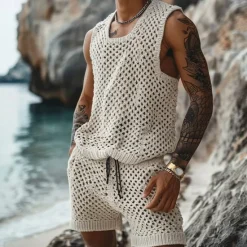 Discount OUKU Men's T-shirt Suits 2 Piece Summer Tracksuit Set Casual Sleeveless Suit Crew Neck Summer Knitwear Bohemia Vacation Knitted Vacation Black Brown Beige Top Tee for Men