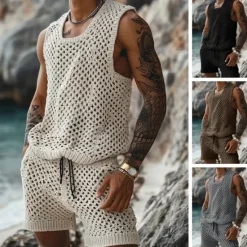 Discount OUKU Men's T-shirt Suits 2 Piece Summer Tracksuit Set Casual Sleeveless Suit Crew Neck Summer Knitwear Bohemia Vacation Knitted Vacation Black Brown Beige Top Tee for Men