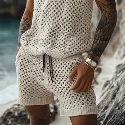 Discount OUKU Men's T-shirt Suits 2 Piece Summer Tracksuit Set Casual Sleeveless Suit Crew Neck Summer Knitwear Bohemia Vacation Knitted Vacation Black Brown Beige Top Tee for Men