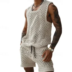 Discount OUKU Men's T-shirt Suits 2 Piece Summer Tracksuit Set Casual Sleeveless Suit Crew Neck Summer Knitwear Bohemia Vacation Knitted Vacation Black Brown Beige Top Tee for Men