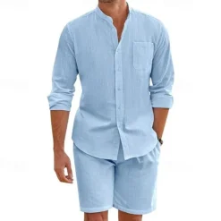 Discount OUKU Men's T-shirt Suits 2 Pieces Outfits Tee & Shorts Long Sleeve Stand Collar Summer Solid / Plain Color Fashion Casual 2 Piece Vacation Daily Wear Going out Black White Army Green Top Tee for Men