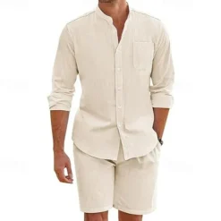 Discount OUKU Men's T-shirt Suits 2 Pieces Outfits Tee & Shorts Long Sleeve Stand Collar Summer Solid / Plain Color Fashion Casual 2 Piece Vacation Daily Wear Going out Black White Army Green Top Tee for Men
