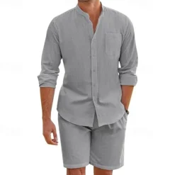 Discount OUKU Men's T-shirt Suits 2 Pieces Outfits Tee & Shorts Long Sleeve Stand Collar Summer Solid / Plain Color Fashion Casual 2 Piece Vacation Daily Wear Going out Black White Army Green Top Tee for Men