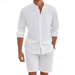 Discount OUKU Men's T-shirt Suits 2 Pieces Outfits Tee & Shorts Long Sleeve Stand Collar Summer Solid / Plain Color Fashion Casual 2 Piece Vacation Daily Wear Going out Black White Army Green Top Tee for Men