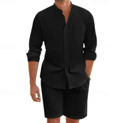 Discount OUKU Men's T-shirt Suits 2 Pieces Outfits Tee & Shorts Long Sleeve Stand Collar Summer Solid / Plain Color Fashion Casual 2 Piece Vacation Daily Wear Going out Black White Army Green Top Tee for Men