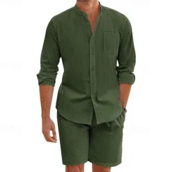 Discount OUKU Men's T-shirt Suits 2 Pieces Outfits Tee & Shorts Long Sleeve Stand Collar Summer Solid / Plain Color Fashion Casual 2 Piece Vacation Daily Wear Going out Black White Army Green Top Tee for Men