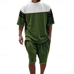Hot OUKU Men's T-shirt Suits 2 Pieces Outfits Tee & Shorts Short Sleeve Crew Neck Summer Color Block Fashion Casual 2 Piece Vacation Daily Wear Going out Black Blue Green Top Tee for Men