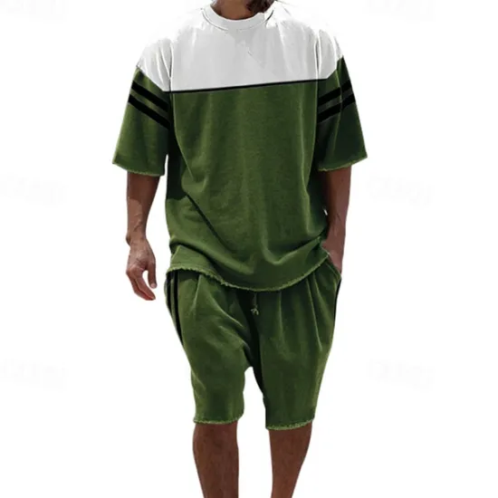 Hot OUKU Men's T-shirt Suits 2 Pieces Outfits Tee & Shorts Short Sleeve Crew Neck Summer Color Block Fashion Casual 2 Piece Vacation Daily Wear Going out Black Blue Green Top Tee for Men