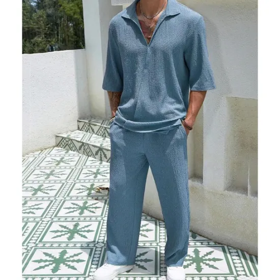 Hot OUKU Men's T-shirt Suits 2 Pieces Outfits Tee & Shorts Short Sleeve Turndown Summer Plain Fashion Casual 2 Piece Vacation Daily Wear Going out Black Blue Brown Top Tee for Men