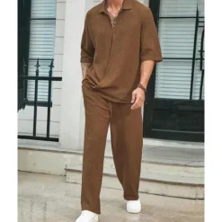 Hot OUKU Men's T-shirt Suits 2 Pieces Outfits Tee & Shorts Short Sleeve Turndown Summer Plain Fashion Casual 2 Piece Vacation Daily Wear Going out Black Blue Brown Top Tee for Men