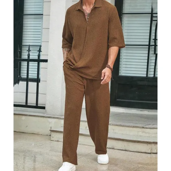 Hot OUKU Men's T-shirt Suits 2 Pieces Outfits Tee & Shorts Short Sleeve Turndown Summer Plain Fashion Casual 2 Piece Vacation Daily Wear Going out Black Blue Brown Top Tee for Men