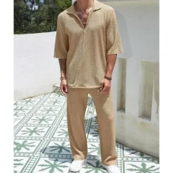 Hot OUKU Men's T-shirt Suits 2 Pieces Outfits Tee & Shorts Short Sleeve Turndown Summer Plain Fashion Casual 2 Piece Vacation Daily Wear Going out Black Blue Brown Top Tee for Men