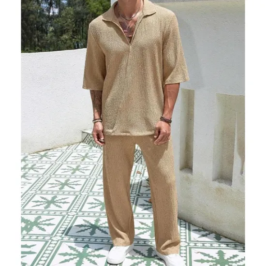 Hot OUKU Men's T-shirt Suits 2 Pieces Outfits Tee & Shorts Short Sleeve Turndown Summer Plain Fashion Casual 2 Piece Vacation Daily Wear Going out Black Blue Brown Top Tee for Men