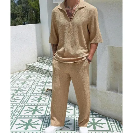 Hot OUKU Men's T-shirt Suits 2 Pieces Outfits Tee & Shorts Short Sleeve Turndown Summer Plain Fashion Casual 2 Piece Vacation Daily Wear Going out Black Blue Brown Top Tee for Men