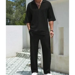 Hot OUKU Men's T-shirt Suits 2 Pieces Outfits Tee & Shorts Short Sleeve Turndown Summer Plain Fashion Casual 2 Piece Vacation Daily Wear Going out Black Blue Brown Top Tee for Men