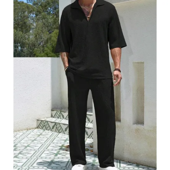 Hot OUKU Men's T-shirt Suits 2 Pieces Outfits Tee & Shorts Short Sleeve Turndown Summer Plain Fashion Casual 2 Piece Vacation Daily Wear Going out Black Blue Brown Top Tee for Men