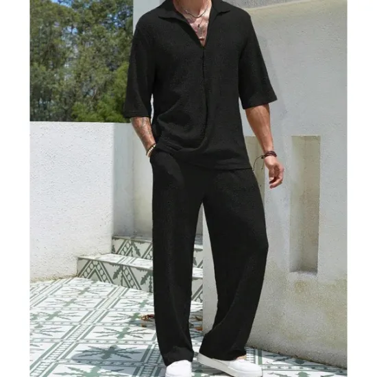 Hot OUKU Men's T-shirt Suits 2 Pieces Outfits Tee & Shorts Short Sleeve Turndown Summer Plain Fashion Casual 2 Piece Vacation Daily Wear Going out Black Blue Brown Top Tee for Men